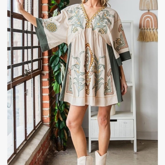 Womens Floral Embroidered Loose Fit V Neck Babydoll Dress - Picture 2 of 9